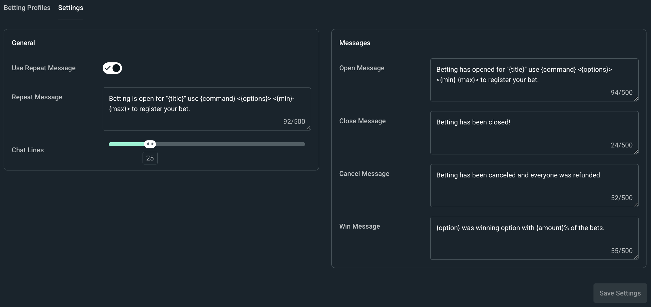 Settings options for betting tool in Cloudbot